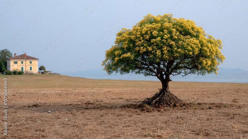 Naklejka premium stunning yellow flowering tree grows in a dry landscape beside an old house overlooking a serene lake under a clear sky. scene captures solitude and natural beauty in a tranquil setting