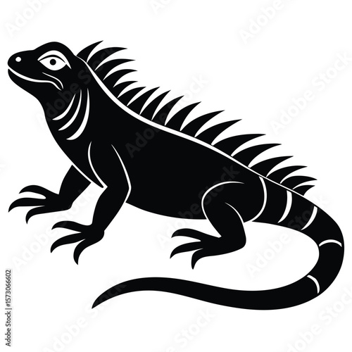 Isolated, full black silhouette presents an iguana reptile with detailed spines against a transparent background