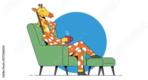 Relaxed giraffe enjoys a warm beverage while lounging in an armchair with an ottoman