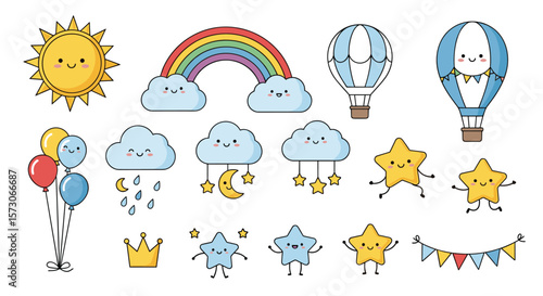 Adorably cute kawaii style weather elements and celestial objects for childrens designs