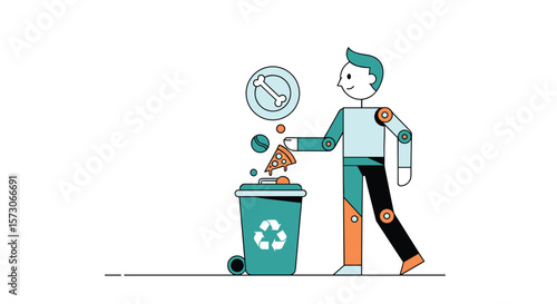 Man discarding old analog clock and worn out items into a recycling bin promoting sustainability and responsible disposal of waste to reduce environmental impact and pollution
