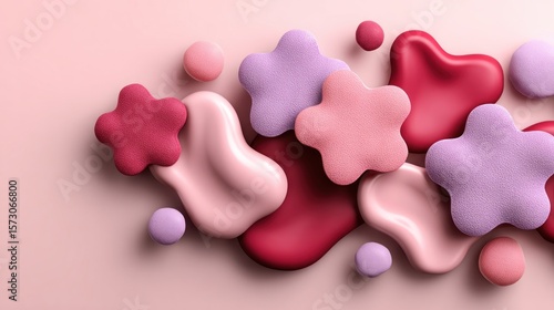 Soft pastel and bold shapes of varying sizes lie scattered on a gentle pink background, blending organic forms and playful textures to create an inviting visual experience