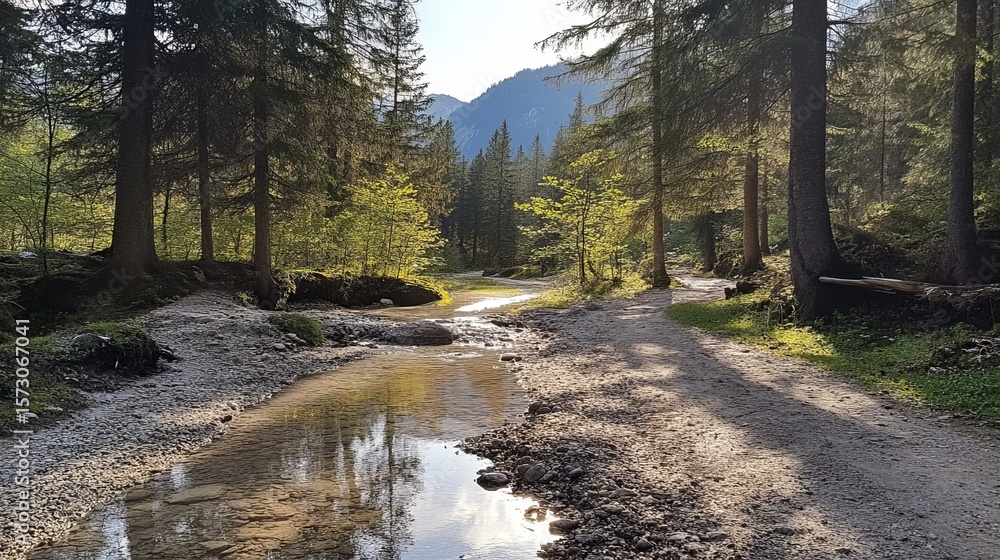 Fototapeta premium Serene forest path alongside a shallow, meandering stream, sunlight filtering through the trees, casting shadows on a gravel path. A peaceful nature scene