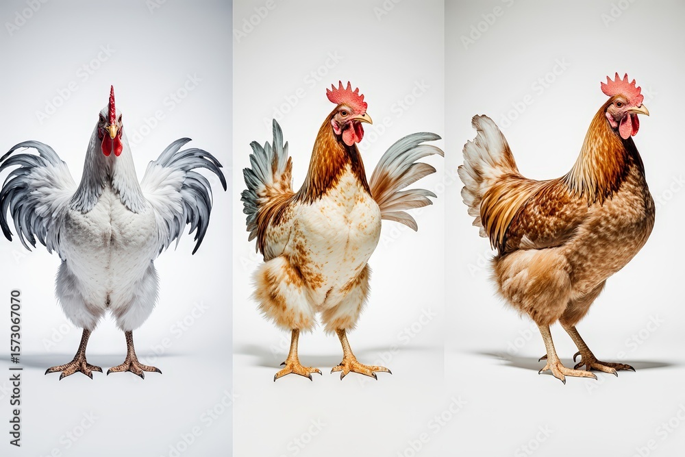 Fototapeta premium Trio of Roosters: A captivating studio shot showcases three majestic roosters, each flaunting unique plumage in a vibrant display of rural life.