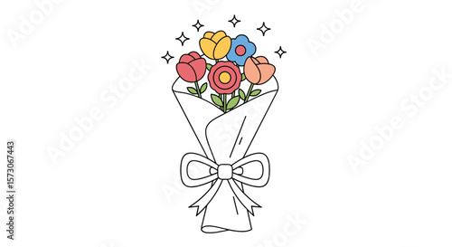 A beautiful hand drawn bouquet of colorful flowers tied with a ribbon and wrapped in paper presented with sparkles