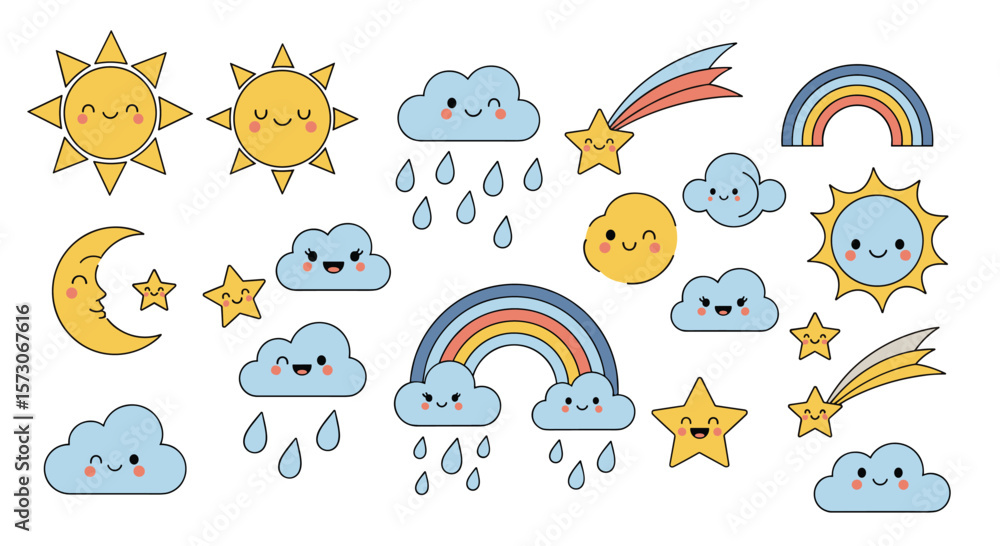 Fototapeta premium Charming pixel art weather icons featuring smiling suns clouds rainbows stars and shooting stars for creative projects