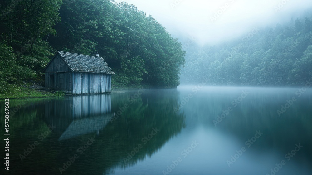 Fototapeta premium Misty morning cabin on a tranquil lake
