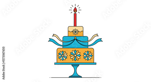 A beautifully decorated three tiered birthday cake topped with a single lit candle