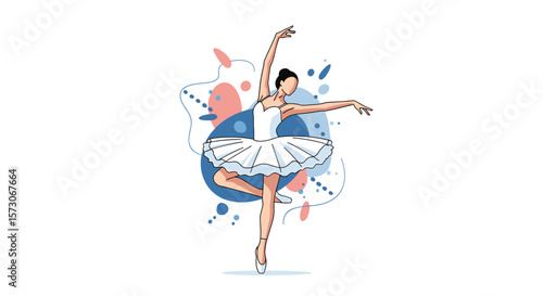 Graceful ballerina performing an elegant pose with a flowing tutu against a backdrop of abstract artistic elements