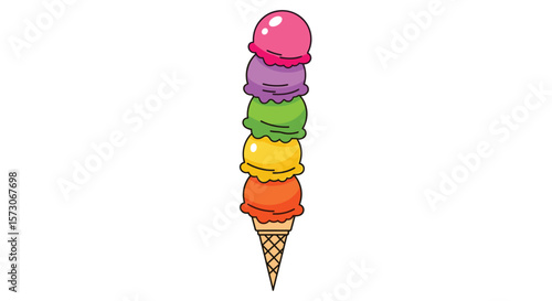 A towering stacked ice cream cone featuring a vibrant rainbow of delicious fruity flavors and a crunchy waffle cone creating a perfect frozen dessert treat