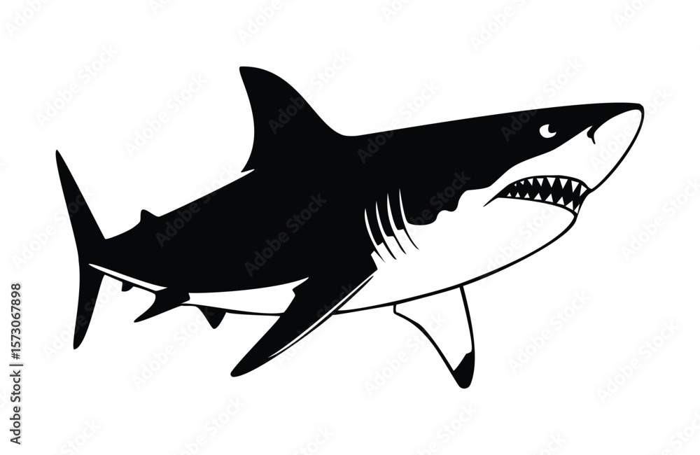 Fototapeta premium A fierce great white shark illustration, perfect for marine life, ocean, danger, and wildlife themes, symbolizing power and predatory nature