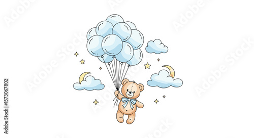 Cute fluffy teddy bear holding a bunch of blue balloons floating in the sky surrounded by clouds and small yellow birds symbolizing joy and dreams