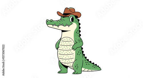 Cartoon alligator wearing a cowboy hat standing tall and proud in the wilderness