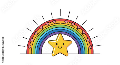A cheerful yellow star peeking out from behind a colorful rainbow arch decorated with tiny pink hearts and sunshine rays