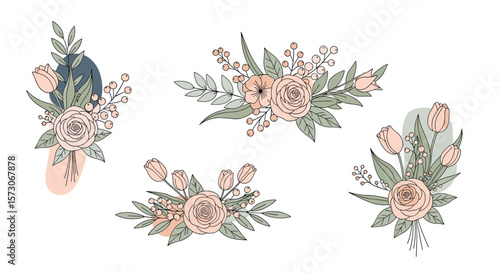Delicate peach and blush floral bouquets with greenery and small accents for artistic design projects