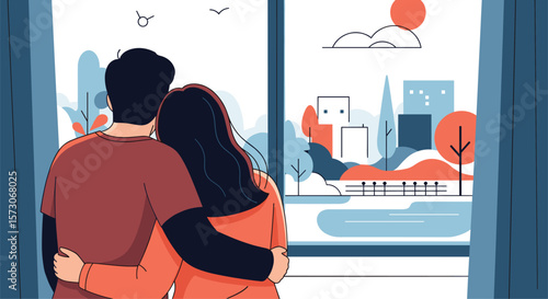 A couple gazing out the window at a cityscape on a cloudy day