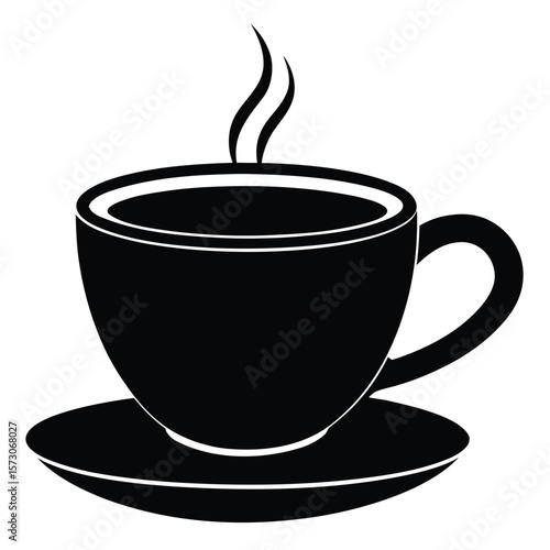 Steaming beverage served inside the monochrome teacup resting perfectly on the saucer isolated