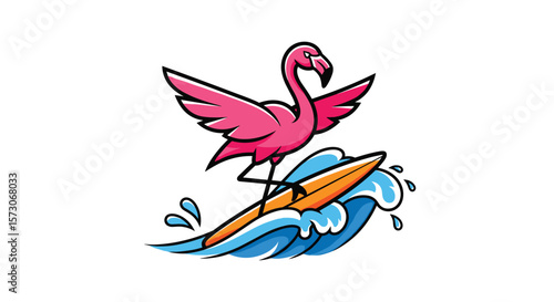 A pink flamingo rides a surfing board through blue ocean waves under a bright sunny sky