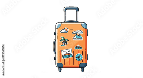 A bright orange suitcase covered in travel stickers sitting on a white background ready for adventure