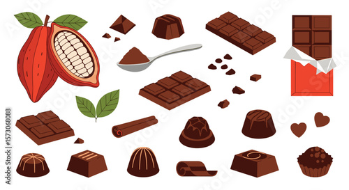 Delicious assortment of dark chocolate confections and ingredients depicting the sweetness of cacao