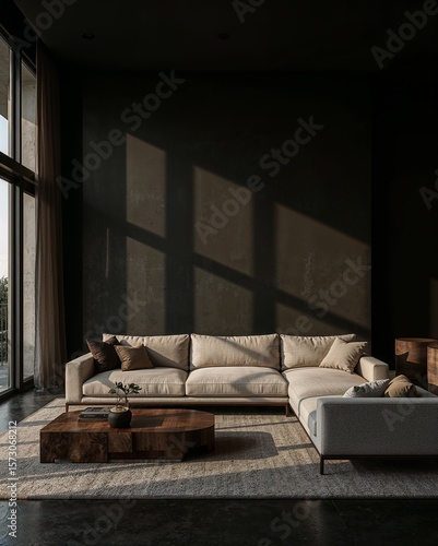 Spacious living room with dark light background