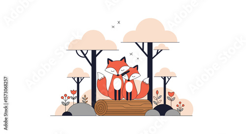 Charming pixelated forest scene featuring two adorable foxes embracing each other on a log surrounded by trees and flowers