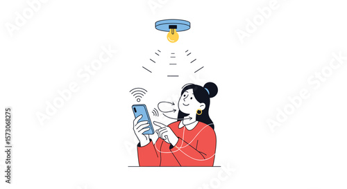 Young woman using mobile phone receiving information from drone overhead showing digital data connection and ideas emerging