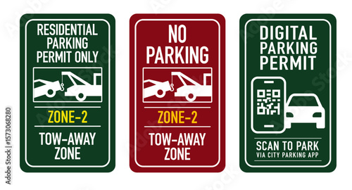 Urban Parking Permit & Tow‑Away Zone Sign Bundle — Vector Template Set with QR‑Style Digital Permit