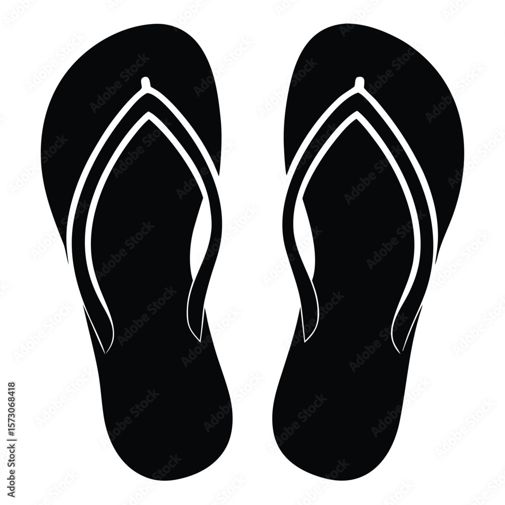 Two black flip flops stand side by side against a transparent white background Two black flip flops stand side by side against a transparent white background