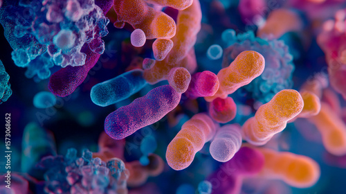 Influenza viruses interact with vibrant white blood cells, showcasing the battle between pathogens and the immune system. This dynamic scene captures cellular interaction in stunning detail