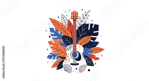 Acoustic guitar surrounded by stylized leaves and abstract floral elements in warm and cool color palette