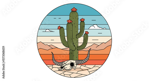 Retro sunset desert scene with saguaro cactus skull and mountains