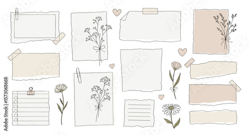 A collection of blank paper notes adorned with delicate floral illustrations and craft tape elements for creative journaling and scrapbooking layouts