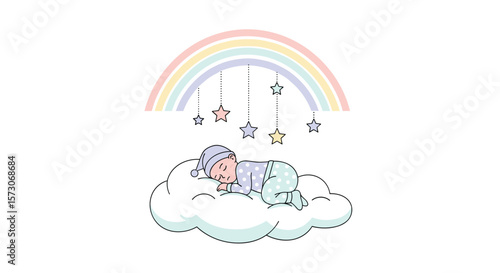 Peaceful newborn slumber under a pastel rainbow and star mobile gentle dreams of infancy
