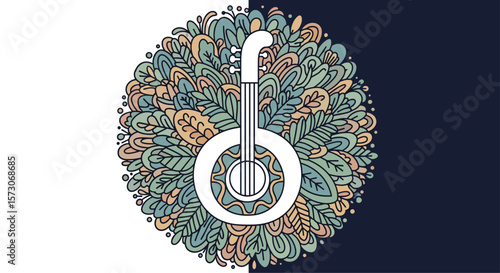 Intricate doodle art adorned with a banjo silhouette symbolizing musical harmony and nature's beauty