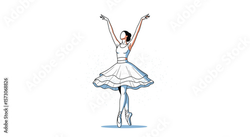 Elegant ballerina performing a graceful ballet dance in a white tutu with pointe shoes and raised arms