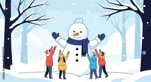 Winter solstice celebration with a giant snowman and joyful children experiencing snowy days and winter activities together