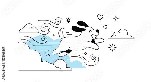 Joyful canine companion soaring through a whimsical dreamscape of clouds and stars