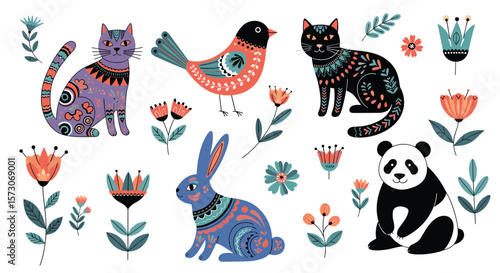 Whimsical folk art style animals and floral motifs in a charming digital illustration full of delicate details and artistic flourishes