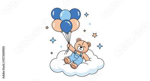 Cute teddy bear floating to the sky holding balloons on a cloud