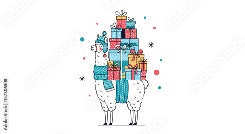 Cute llama carrying a large stack of colorful gift boxes and confetti during a festive celebration