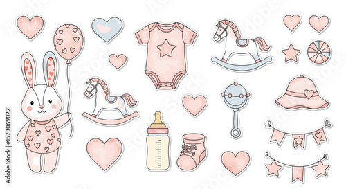 Adorable watercolor baby shower illustrations featuring cute animals and essential items for newborn celebration events