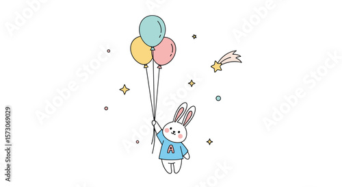 A whimsical celebration a cute bunny character ascends holding balloons towards a shooting star and sparkles adorning the sky