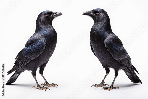 Two Crows Portrait: A stark, high-contrast portrait of two sleek black crows standing face-to-face, emphasizing their sharp features and intense gaze, a study in contrasts and avian beauty.