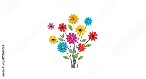 A vibrant bouquet of brightly colored daisy-like flowers tied together with dashed stems on a white background representing joy and nature's beauty