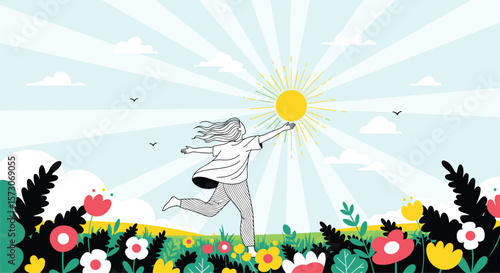 A cheerful spotted dog joyfully runs through a vibrant field of blooming flowers under a bright shining sun emitting radiant rays on a beautiful clear day