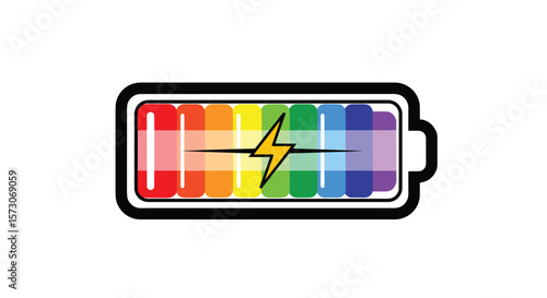 Vibrant rainbow battery icon symbolizing full power energy charge and charge level indicator with yellow lightning bolt symbol