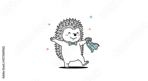 Happy hedgehog dancing and holding a blue shirt joyful celebration movement animal character