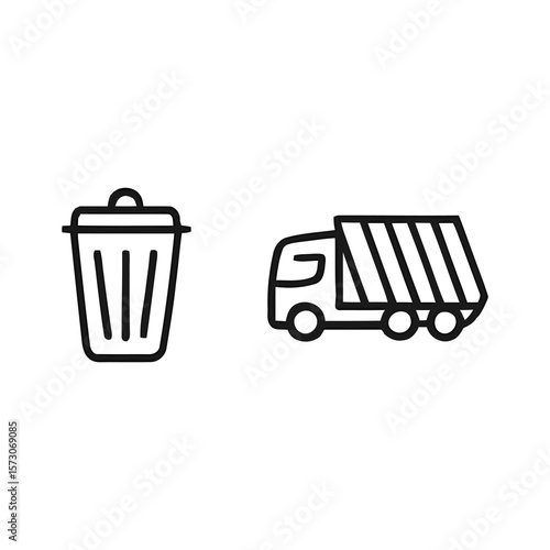 Φωτογραφία Garbage Truck and Trash Can Line Art Icons