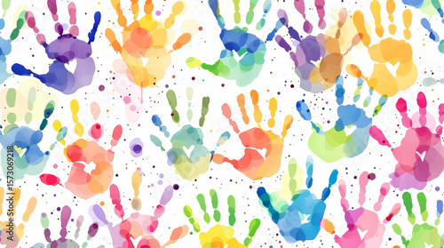 Watercolor pattern color children's handprints on white background	